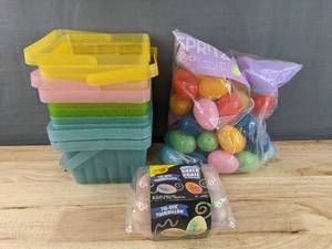 lot 186 image: 11 Brand New Spritz Berry Baskets, 48 Plastic Easter Eggs, and Crayola Washable Sidewalk Chalk Tie-Dye Eggs N