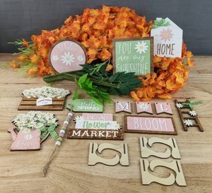 lot 128 image: 15 Brand New Spring Wooden Decorative Pieces and Artificial Orange Flowers N