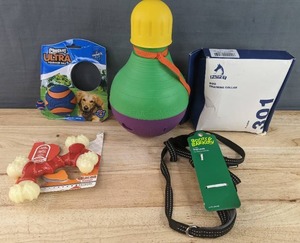 lot 165 image: Brand New 5 Foot Dog Leash, Dura Chew Power Chew Ridges & Nubs, Ultra Squeaker Ball, Star Mark Dog TrainingToy Bob-A-Lot, Pat Pet Dog Training Collar N