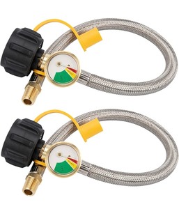 lot 142 image: Brand New Mycheng Two Pack 15 RV Propane Hoses WIth Gauge Stainless Steel N