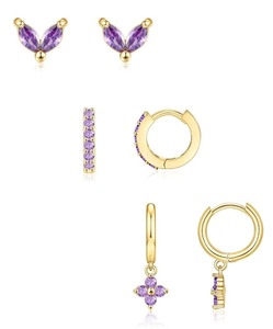 lot 77 image: Brand New 3 Pairs 14K Gold Plated Hypoallergenic Pierced Earrings Purple N