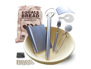 lot 63 image: Brand New 10 Inch Bread Proofing Basket Set with Stainless Steel Accessories, EQUALS BREAD Banneton Bread Proofing Basket, Whisk, Lame, Scraper, Cutter, Sifter, Liner, Bag and Stencil, Bread Baking Kit N