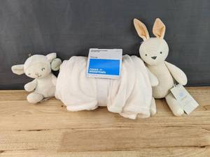 lot 486 image: Brand New Room Essentials Throw Blanket 50x60, Plush Lamb and Plush Rabbit Stuffies, White N