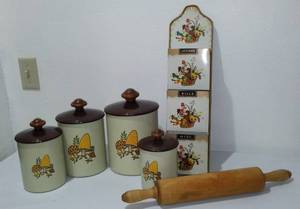 lot 27 image: Munising Rolling Pin, Vintage Canister Set, Wall Pockets, , Circa 6070s.