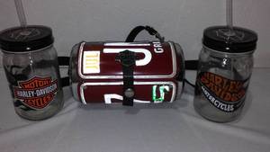 lot 43 image: Unique Harley Davidson Purse and Covered Pint Jars (2)