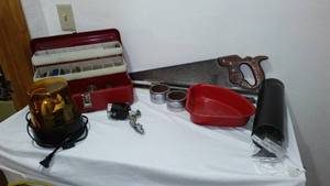 lot 64 image: Vintage Tackle Box, Bubble Light, Bike Light and More.