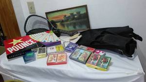 lot 69 image: Vintage swim Fins, Racket, Cards, Pounce, Boxes.