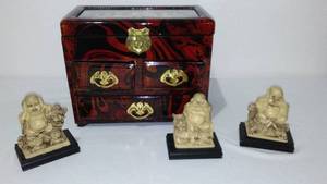 lot 122 image: Intricate carved Jewelry Box and hearseespeak no evil buddhas