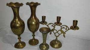 lot 140 image: Solid  Brass Fluted Vases (3), Candelabra.