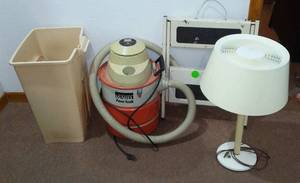 lot 10 image: Vintage Wards WetDry Vac, Trash Can, Light And Stowaway Stool.
