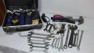 lot 53 image: Assorted hand tools. Wrenches, hammer, tape measure and more.