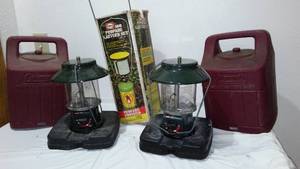 lot 54 image: Coleman lanterns with Cases (2) and Primus Lantern, Propane.
