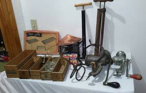 lot 90 image: Vintage Collection Cheese Boxes, Camping, Brass Oiler, Ice Tongs.
