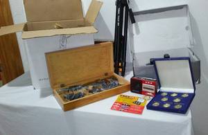 lot 93 image: Tripod, Marble Chess Set, Alaska Collectible Coins and More.