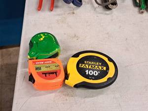 lot 237 image: Lot of (3) Assorted Tape Measures - Stanley FatMax 100, Chicago Tools 25, one more