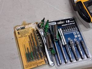 lot 238 image: Assorted Hand Tools - DeWalt 6-pc Hex Shank Drill Bit Set, Torquesmith Adapter & Bit Set 16-pcs,  38-drive Ratchet with Sockets
