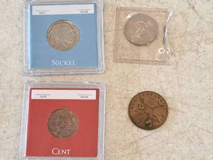 lot 412 image: Lot of (4) Coins - 1936 Indian Head  Buffalo Nickel, 2005P Jefferson w Americn Bison Obverse, 1900 Indian Head Penny, 1798 Draped Bust Large Cent