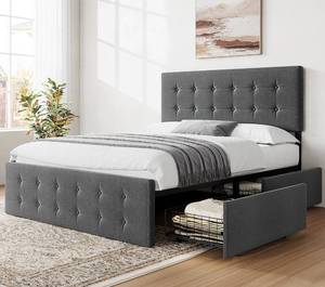 New Grey Full Size Bed Frame with 4 Storage Drawers and Adjustable Headboard