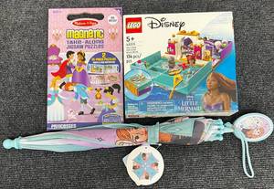 lot 22 image: Disney Princess Lot - Disney Little Mermaid LEGO Set Sealed - Frozen Kids Umbrella - Princess Take Along Travel Jigsaw Puzzles
