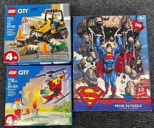 lot 23 image: New DC Superman 3D Puzzle & Two Lego City Sets - Roadwork Truck & Fire Helicopter - Sealed