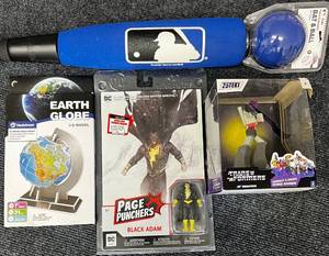 lot 36 image: New Baseball Bat and ball, Transformers Action Figure, Page Punchers Black Adam Action Figure with Comic Book, & 3D Earth Globe Model