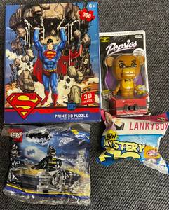 lot 43 image: New Superman 3D Puzzle, Popsies Five Nights at Freddys Funko, Lankey Mystery Box and LEGO Batman - Sealed