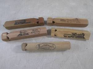 lot 38 image: (EC1) 5 Vintage Wood Train Whistles...