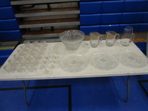 lot 91 image: Glass Pitchers, Punch Bowl, Platters, Cups