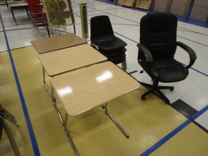lot 117 image: (3) Student Desks, Office Chair, (4) Chairs 18 Seat Height