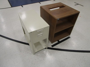 lot 214 image: (2) Cabinets Metal Cabinet 13x26x26 Wood Cabinet 2x2x27