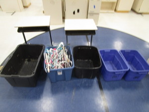 lot 241 image: (2) Student Desks wCubby, Totes, Hangers
