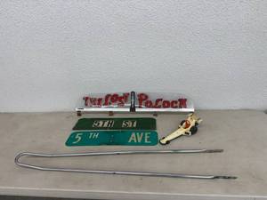 lot 34 image: Mixed Lot - Street Signs, Fisher Price Toy, Bicycle High Back