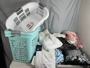 lot 37 image: 3 Laundry Hampers, Sheets, Bath Mats, Blankets, and More