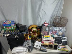 lot 79 image: Large Lot of Assorted Household Goodies, Pet Carrier, Electronics, Toys, Beanie Babies, Games, and More