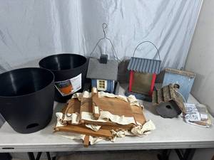 lot 92 image: Birdhouses, Bird Feeders, 2 New Self-Watering Planters, Hanging Shelf