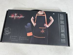 lot 99 image: New Hells Kitchen Grilling Apron and Silicone Oven Mitt