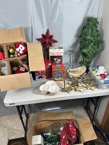 lot 100 image: Large Lot of Christmas Decor, 8 ft Inflatable Santa, and More