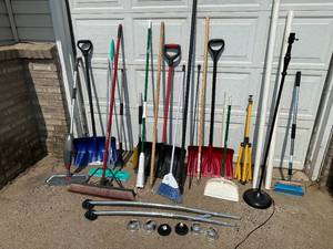 lot 107 image: Take What You Want, Long Handle Tools, Shovels, Curved Shower Bars, Brooms, and Lots More.