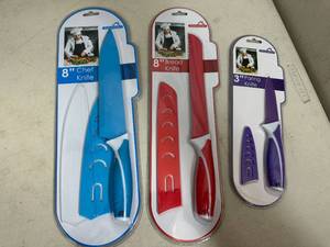 lot 177 image: 3 New Ceramic Coated Kitchen Knives with Sleeves