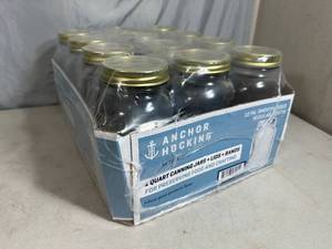 lot 244 image: 12 New Anchor Hocking Canning Jars - 1 Quart Regular Mouth