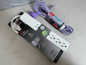 lot 249 image: New GE Surge Protector and 9 ft Fabric Covered Extension Cord