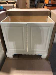 lot 7 image: Glacier Bay 37 in. Single Sink White Bath Vanity Granite Top Not Included Customer Returns See Pictures