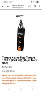 lot 67 image: Torque 100LB Heavy Punching Bag (Used, Looks great). Sold online for $650 New