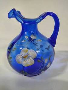 lot 65 image: FENTON Hand PaintedSigned Cobalt Pitcher