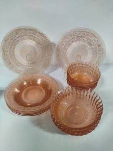 lot 73 image: Pink Depression Glass Dinnerware