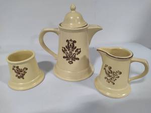 lot 106 image: Retired Pfaltzgraff Village Coffee Pot, Sugar & Creamer Set