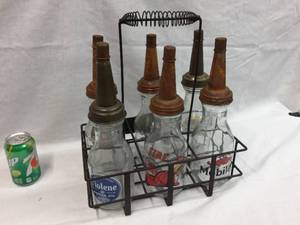 lot 145 image: Variety Vintage Oil Bottles with Master Funnels & Crate