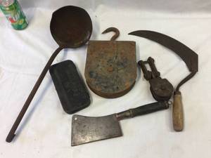lot 204 image: Antique Iron - Cleaver - Pulleys - Ladle - Washer Box - Sickle