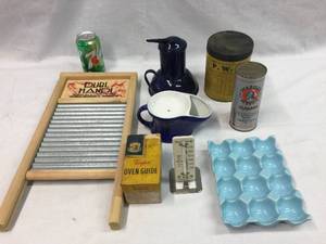 lot 242 image: Vintage Kitchenwares - Washboard - Egg Cooler - Cans - Enamelware