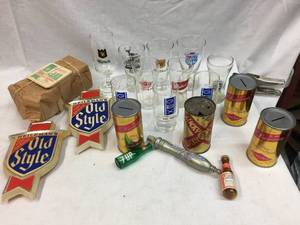 lot 282 image: Group Vintage Beer Cans - Glasses - Coasters - Old Style